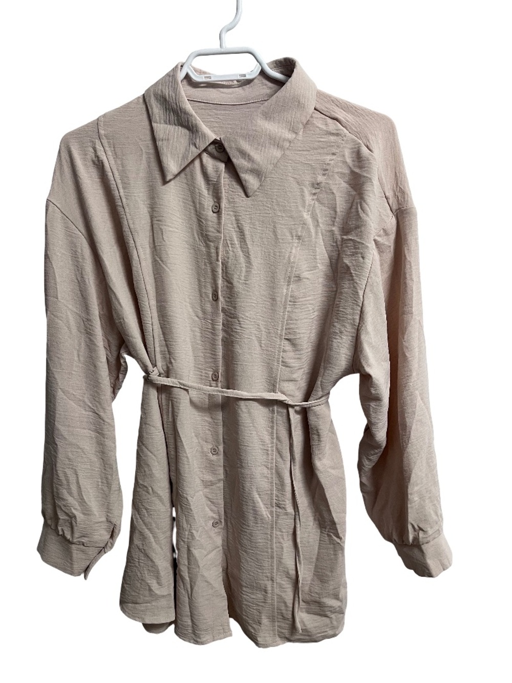 Light Taupe Button-Up Belted Shirt